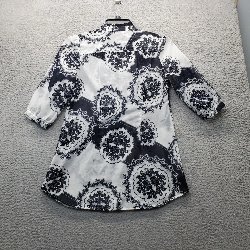 New York & Company Sheer Cover-up Overshirt Women's S Multi Geometric 3/4 Sleeve - Picture 2 of 8